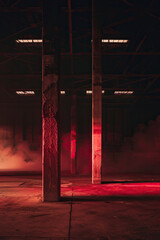 a photo of a dark empty berlin warehouse, red glowing, large stone pillars symmetrical smoke