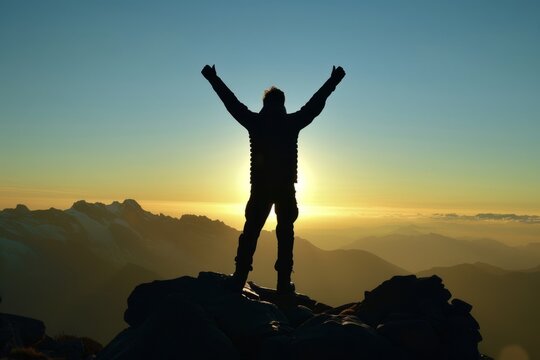 A person raising both hands at the top of the mountain , gaining success, top of the world ,achievement