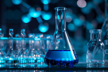 A scientific scene with a flask filled with blue liquid amidst a backdrop of glassware