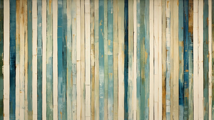 A modern abstract pattern in beige, green and blue with vertical lines of textured paint, , with a thin border at the top and bottom