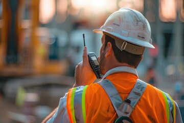 A construction worker talking to a walkie talkie / portable communication device  - obrazy, fototapety, plakaty
