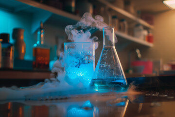 laboratory glassware with blue liquid and smoke, signifying research and discovery