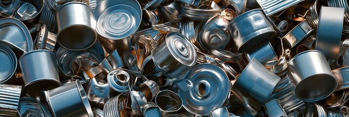 High angle view of a heap of crumpled metal cans with a focus on recycling and waste - obrazy, fototapety, plakaty