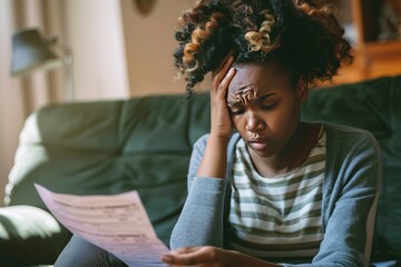 A person having a headache because of financial problem / debt looking at bills - obrazy, fototapety, plakaty