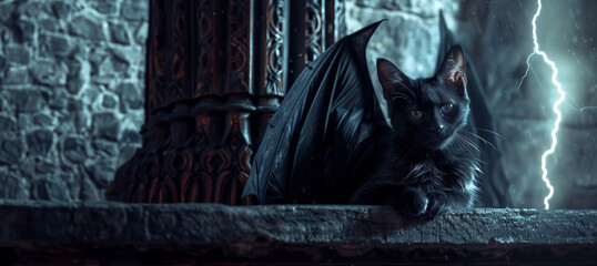 A surreal depiction of a black cat with dramatic bat wings unfurled as a ferocious lightning bolt strikes in the background, amidst gothic surroundings - obrazy, fototapety, plakaty