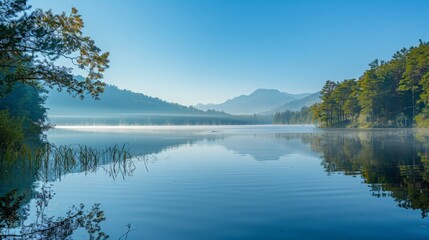 Fototapeta na wymiar A peaceful lake with large , and a thin mist rising from the surface. At dawn, under the clear blue sky, the forest is surrounded by trees