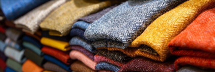 Assortment of folded knitwear textiles in various vibrant colors and patterns displayed neatly