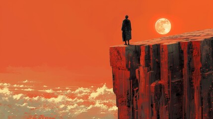 A formally dressed individual poised on a towering, eroded crimson cliff, gazing toward an opposing cliff against the backdrop of a clear, amber-tinted sky