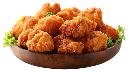 Tasty fried chicken in a wooden plate on a transparent background