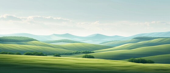 A serene landscape where simple geometric shapes form an abstract representation of rolling hills under a wide, open sky.