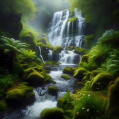 Beautiful waterfall in the forest. Nature background. Digital painting generated by ai