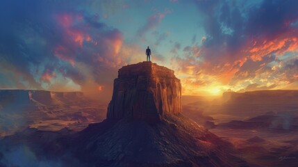 A solitary figure in business attire stands atop a rugged, auburn mesa, contemplating the void to an adjacent mesa under a vast, twilight sky - obrazy, fototapety, plakaty