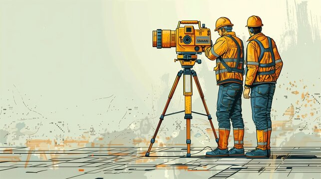 Construction engineer looking at the theodolite at a large construction site with many machines.