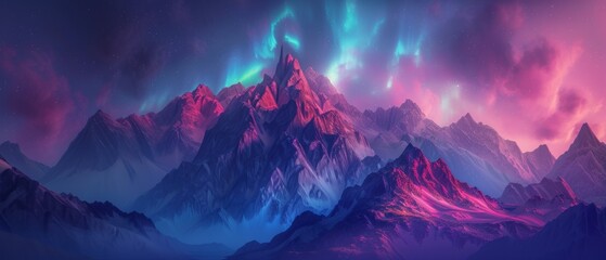 A surreal, nocturnal mountain range with bizarre, twisted peaks and a sky filled with an unnatural aurora, rendered with Octane's realistic lighting. - obrazy, fototapety, plakaty