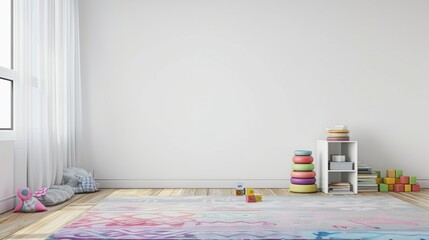 a playroom with a blank white wall; a rug that is pink purple and blue; hardwood floors; stacking blocks; a stack of books on the floor