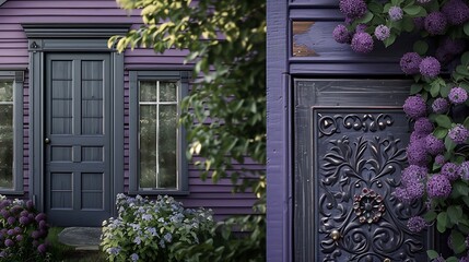 a digital collage featuring close-up shots of the farmhouse's purple siding and the intricate details of the grey front door attractive look