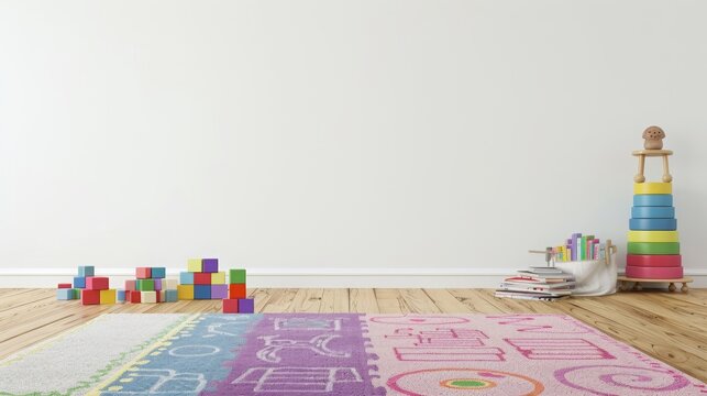 a playroom with a blank white wall; a rug that is pink purple and blue; hardwood floors; stacking blocks; a stack of books on the floor