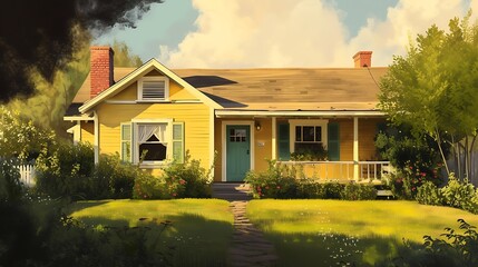 a digital painting of a serene farmhouse ranch, highlighting the elegance of the yellow siding and the inviting aura of the green front door attractive look
