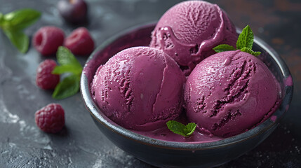 Three scoops of raspberry ice cream in a bowl - Powered by Adobe
