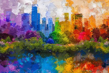 Impressionist Fusion of Urban Skyline and Vibrant Park - obrazy, fototapety, plakaty