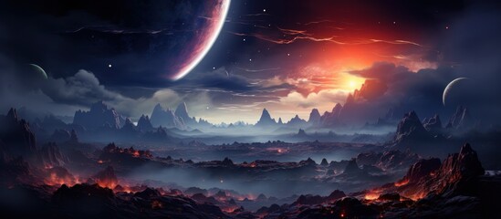 Fantasy landscape with moon and planet. - obrazy, fototapety, plakaty