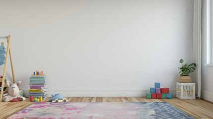 a playroom with a blank white wall; a rug that is pink purple and blue; hardwood floors; stacking blocks; a stack of books on the floor - obrazy, fototapety, plakaty