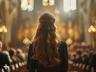 A back view of a choir member singing joyfully in a large historic cathedral - obrazy, fototapety, plakaty