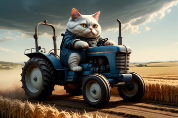 hardworking cat driving a tractor in the field, tractor driver