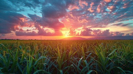 captivating sunset scenery, sugarcane field and cloudy sky in rural countryside