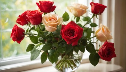 A bouquet of fresh, vibrant roses in varying shades of red and peach, beautifully illuminated by natural sunlight near a window