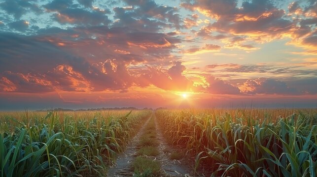 serene sunset over sugarcane field and cloudy sky, rural agricultural landscape