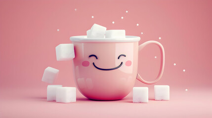 Fototapeta na wymiar pink mug on a pink background with sugar cubes and copy space