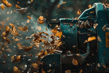 A leaf blower is blowing leaves into the air