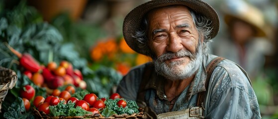 Elderly man happily holding a basket of homegrown vegetables in his garden. Concept Senior man gardening, Harvesting vegetables, Happiness in the garden, Healthy living