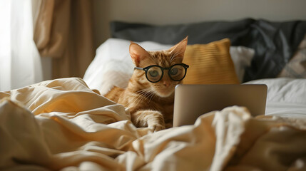 red cat with glasses lies on the bed and works at a laptop - obrazy, fototapety, plakaty