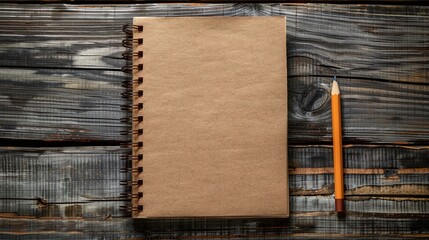 Fototapeta premium top view of spiral notebook with pencil on wooden desk background, showcasing open blank paper workspace for writing and drawing