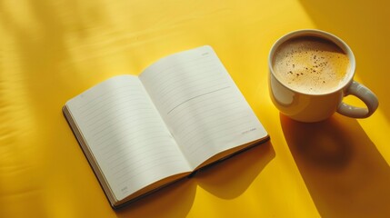 Coffee cup and notebook on yellow background with copy space.