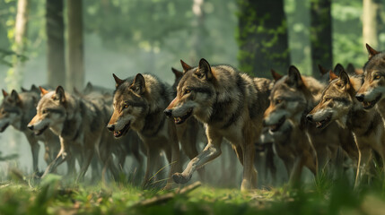 Matilha de lobos cinzentos na floresta 