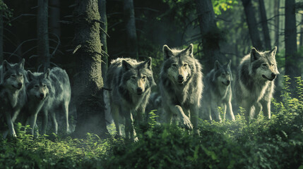 Matilha de lobos cinzentos na floresta 