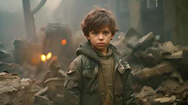 Young Boy Standing in Warzone Front of Rubble Generative AI
