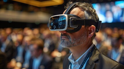 virtual reality presentation for senior business manager man attending conference meeting in auditorium convention hall with crowd of business people background, experiencing innovative technology