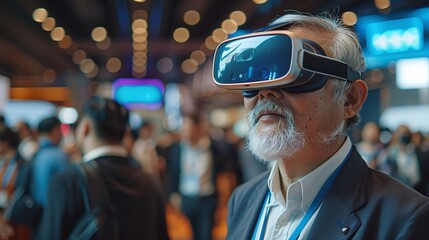 corporate event presentation in auditorium convention hall, with senior manager man attending meeting wearing vr virtual goggles amidst crowd of people background