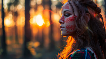 Mulher celta com pinturas vermelhas no rosto na floresta  - obrazy, fototapety, plakaty