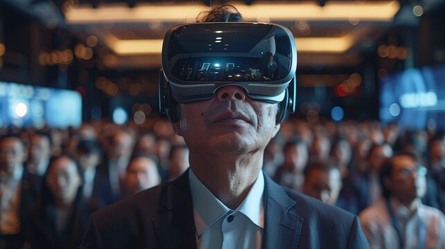 senior business manager man attending conference meeting in auditorium convention hall, experiencing virtual reality with vr virtual goggles amidst crowd of people background
