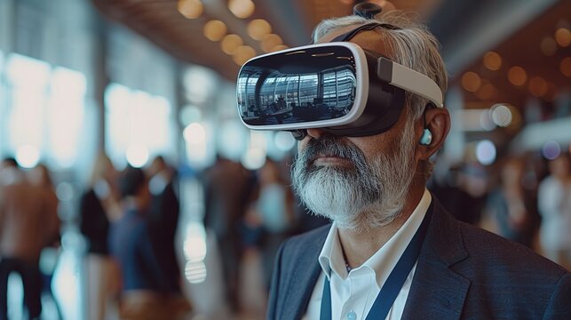 senior manager man attending business conference presentation in auditorium convention hall, wearing vr virtual goggles amidst crowd of people background