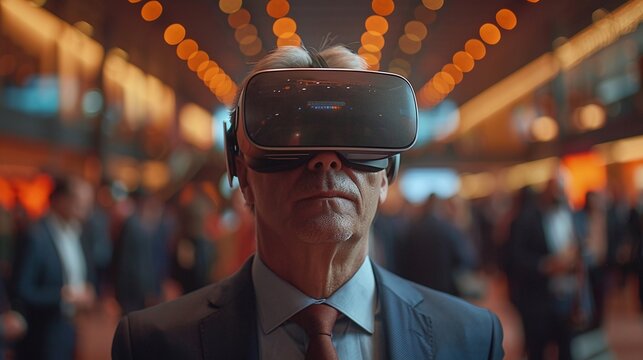 virtual reality experience for senior business manager man attending meeting wearing vr virtual goggles in auditorium convention hall with crowd of people background