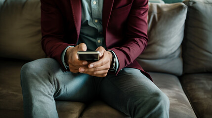 Homem vestindo terno vinho e calça cinza sentado no sofá usando o celular