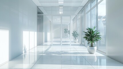 bright and clean white office corridor with glass partitions and door, displaying professional and contemporary workspace design in modern corporate interior