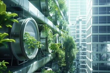 Urban greenery integrating carbon capture technology in futuristic city