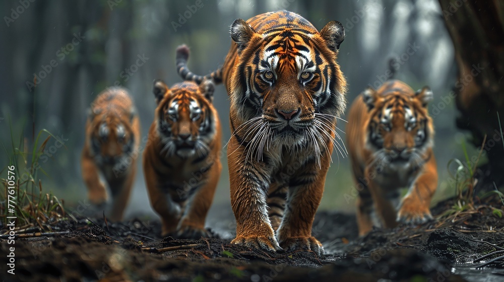 Wall mural wild tiger group roaming in closeup view, displaying wildlife nature and majestic predator behavior 